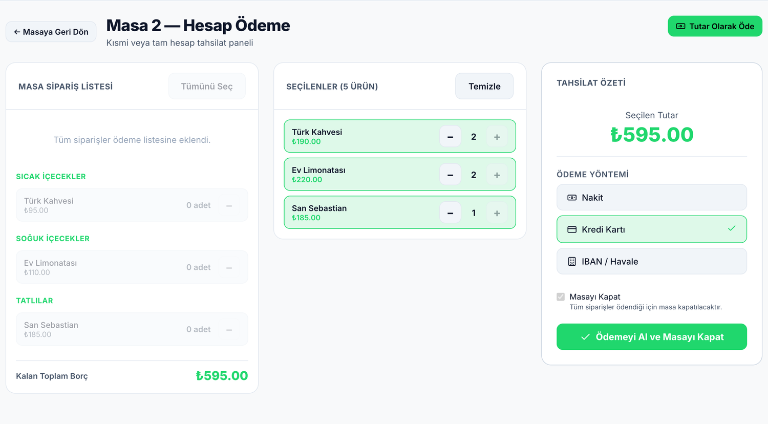 İşlek ödeme akışı ve hesap bölme ekranı